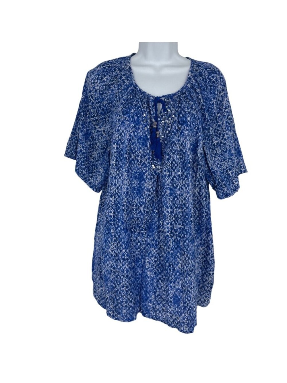 Catherines Blue & White Printed Women's Short Sleeve Tassel Tie Top Size 1X